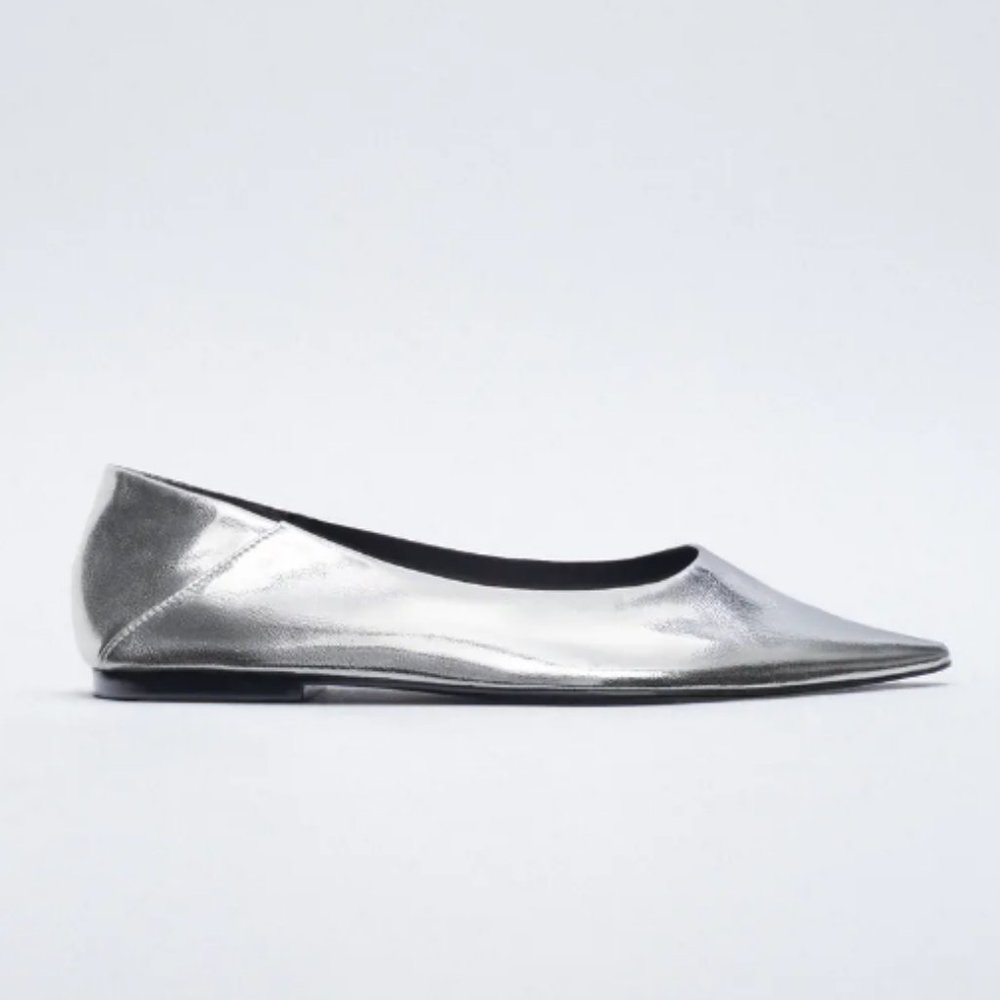 NWT Zara Silver Pointed Toe Soft Flat Shoes